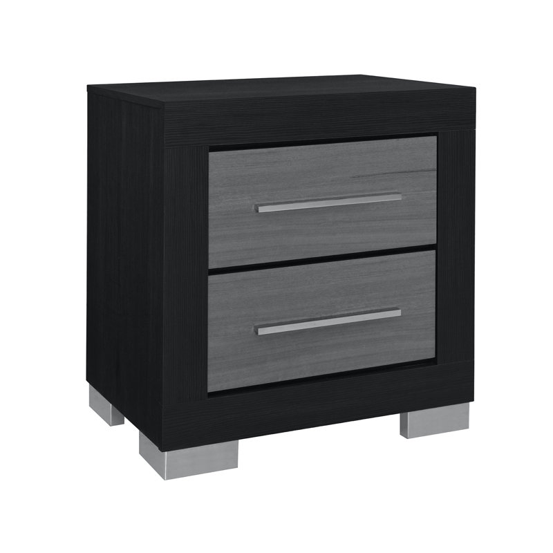 Table de chevet carrée noire en bois d'hévéa avec deux tiroirs articulés spacieux, style poignée de bar, pieds blocs pour la chambre à coucher de style transitionnel en bois massif et poignée