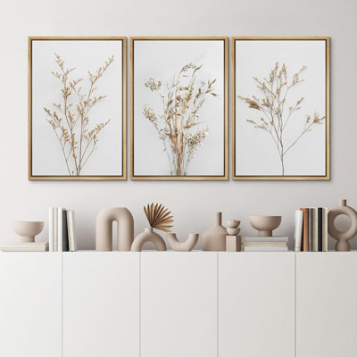 Minimal Botanical «Neutral Wildflowers Floral Art, Simple Organic Modern Wall Images, Large Encadré, Impression Giclée sur Toile, 3 pièces, ensemble de 16 x 24 x 3, 24 x 36 x 3
