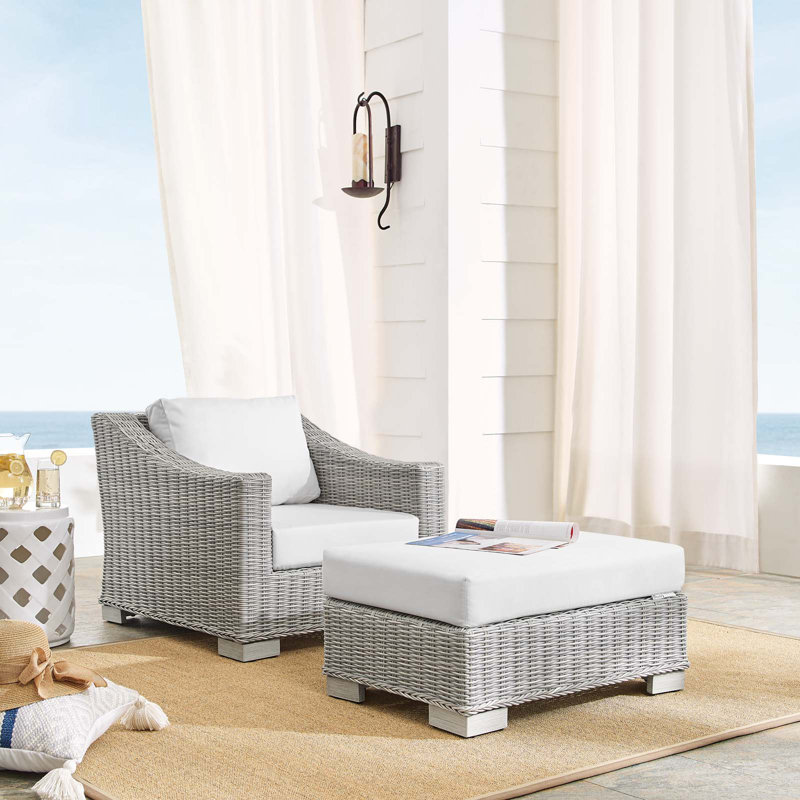 Conway Sunbrella Outdoor Patio Wicker Rattan 2-Piece Armchair and Ottoman Set, White Sunbrella®