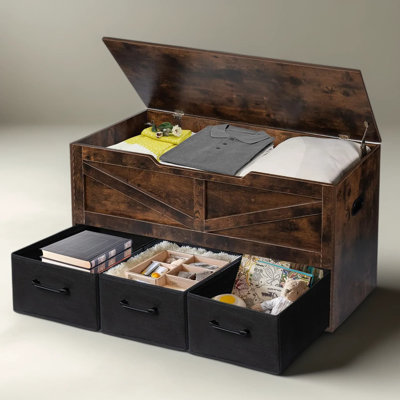 3-Drawer Storage Bench With Safety Hinges, Rustic Wooden Chest Trunk For Living Room, Bedroom, And Entryway Organization
