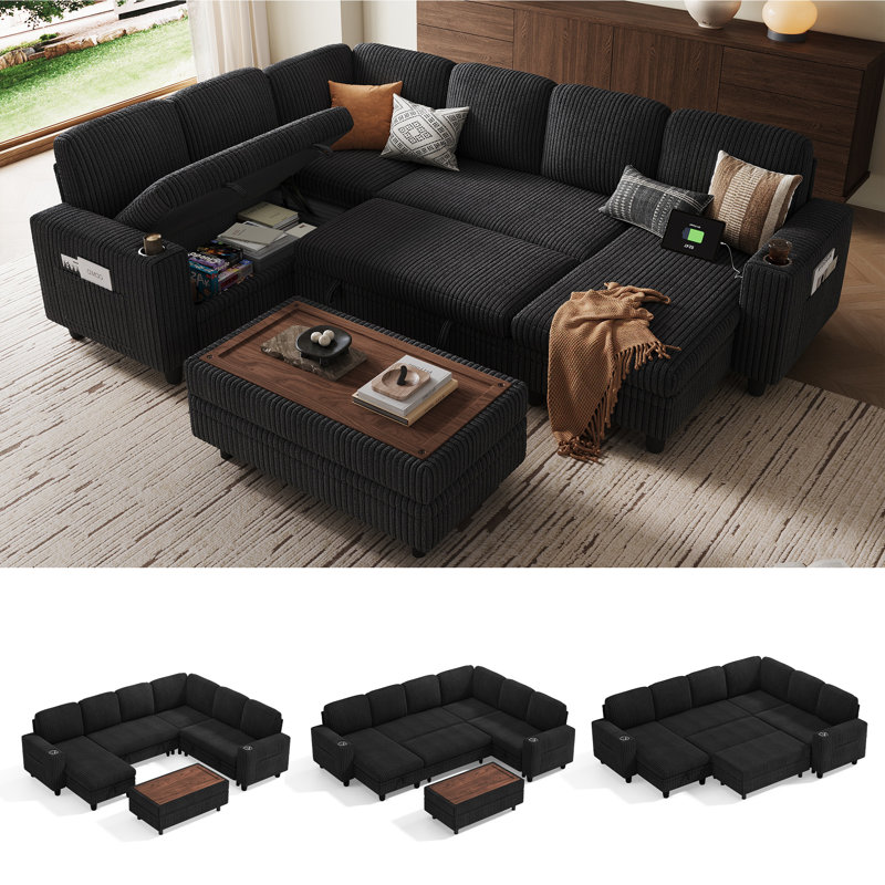 Sherry 106" Upholstered Modular Sectional with Sotrage Ottoman & USB Charging, Effie Black Corduroy