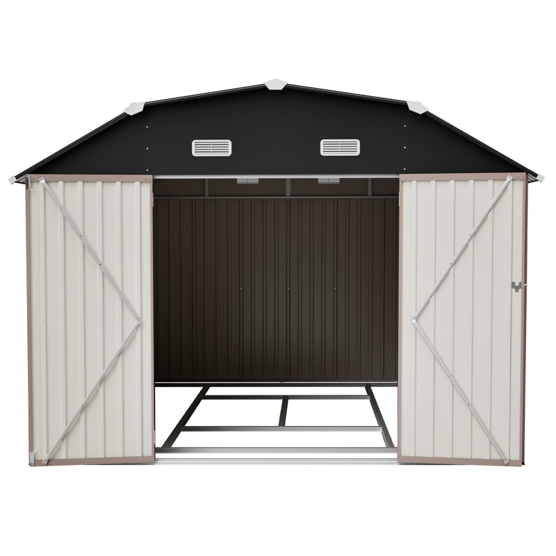 10X12 FT Metal Outdoor Storage Shed, Heavy Duty Rust-Resistant Steel Tool Shed With Floor Frame Kit, Brown
