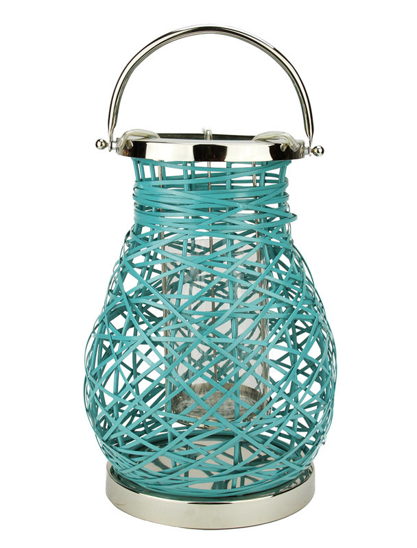 Modern Decorative Woven Iron Pillar Candle Lantern with Glass Hurricane, 16.25" H x 10" W x 10" D, Gray
