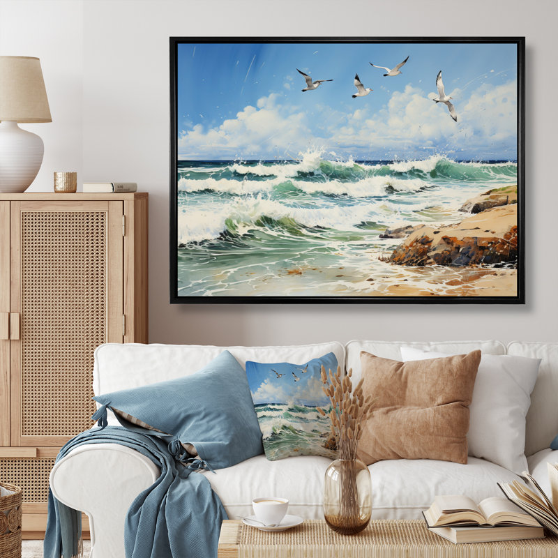 Seagulls In Flight Over Beach I - Nautical & Beach Canvas Art Print, Cadre flottant noir, H 34 po x l 44 po x P 1,5 po