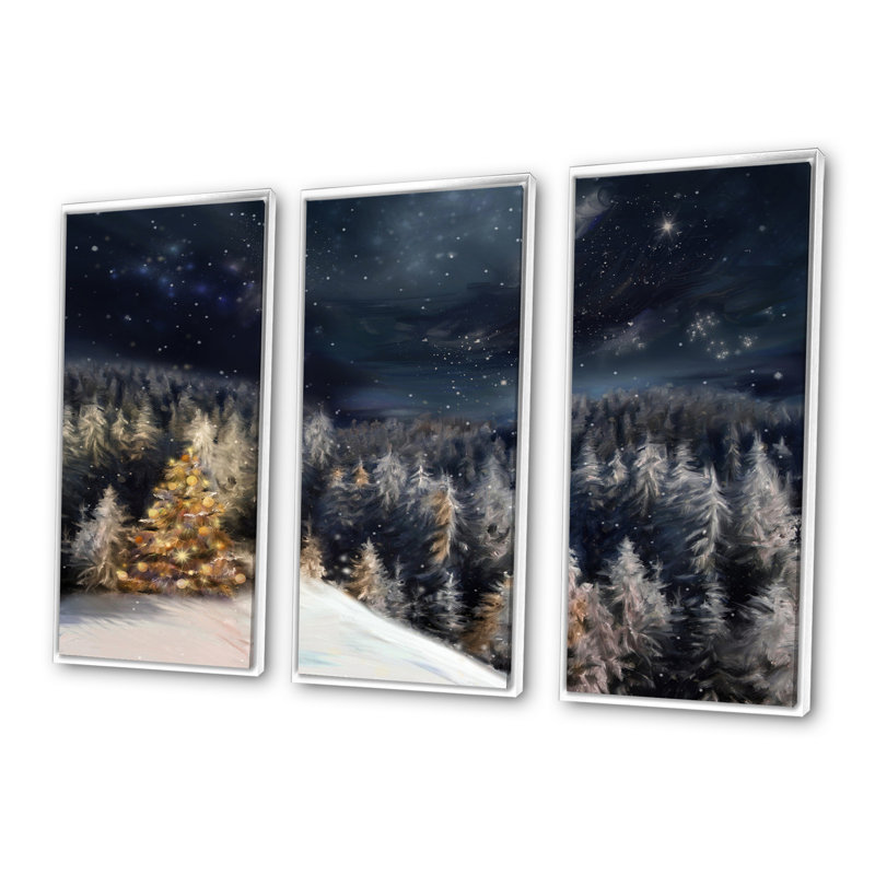 «Night Forest Christmas Tree», ensemble d'art mural sur toile encadré paysage, H 32 po x l 48 po, Blanc