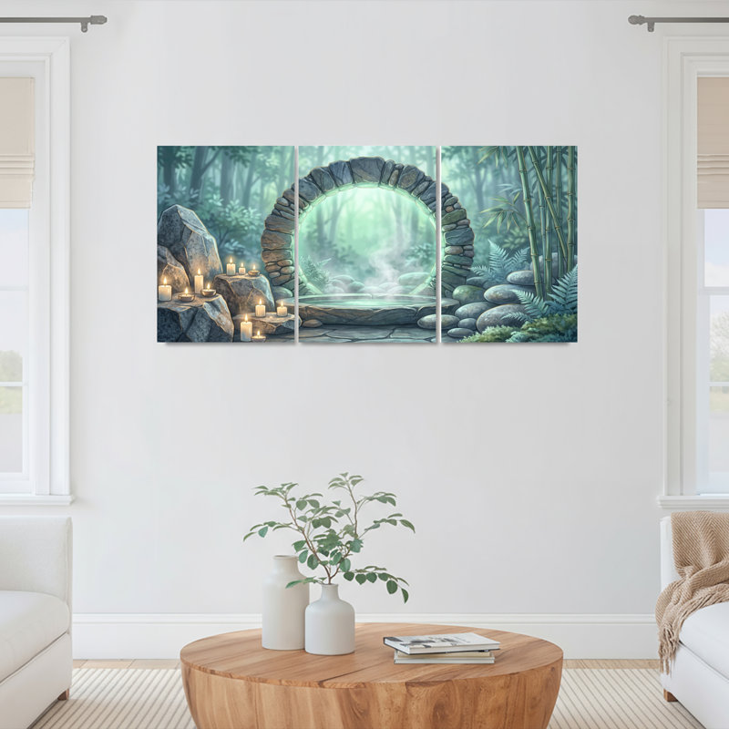 Ensemble de 3 tableaux muraux sur toile représentant une arche forestière avec chandelles et bambou, H 36 po x l 72 po