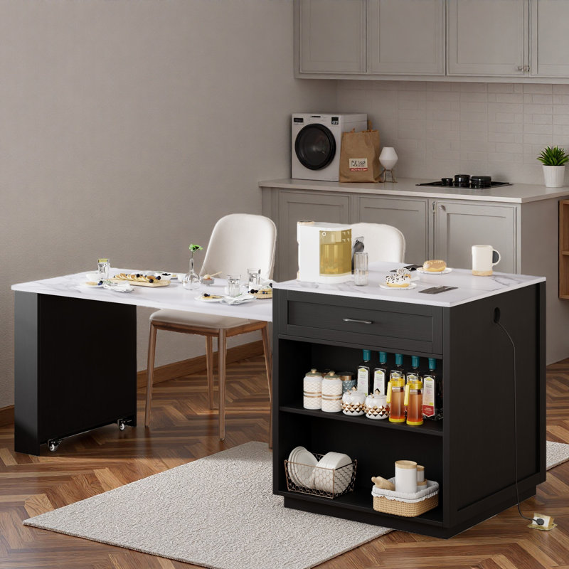 Kitchen Island With Extendable Dining Table, Power Outlet, 2 Drawers, 2 Side Open Shelves And Double-sized Storage Design