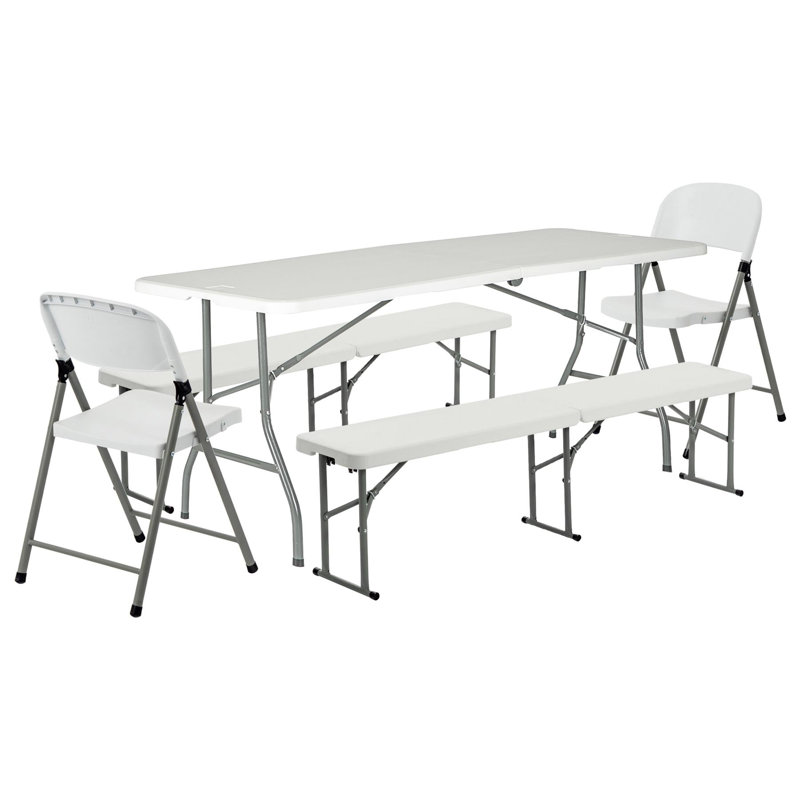 Harbour Housewares Folding Camping Picnic Table, Bench & Chair Set - 180cm (6ft), White