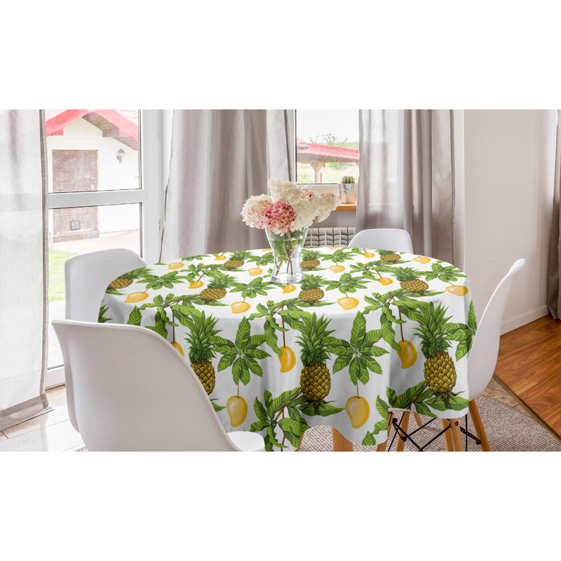 Ambesonne Tropical Round Tablecloth, Pineapple Mango Leaves Palmatia Botany Art, Circle Table Cloth Cover For Dining Room Kitchen Decoration, 60", White Multicolor
