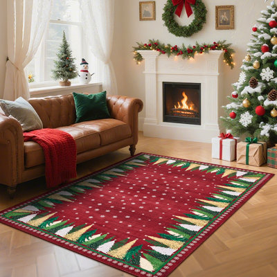 Tapis de Noël lavable à la machine, ultra-doux et décoratif, avec envers antidérapant, motif sapin de Noël et flocons de neige, pliable et mince, pour l'intérieur.