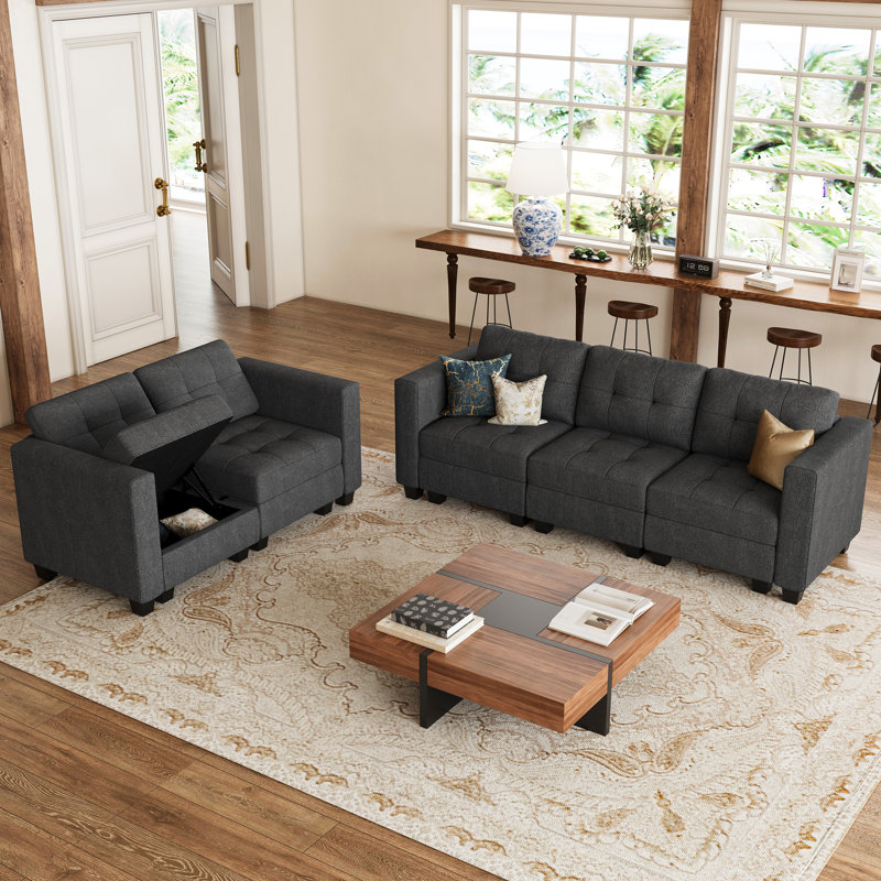 Ayden Hunsicker 2-Pieces Linen Couch Modular Sectional Sofa Storage Seat Sofa Set For Apartment Livingroom Lounge, 2-Seat & 3-Seat Sofa Set