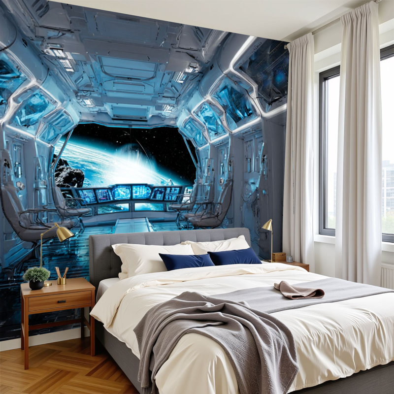 Peel and Stick Wallpaper 144" W x 100" H Modern Self Adhesive Wall Mural for Bedroom White Clean Spaceship Interior View Planet Earth 3D Rendering