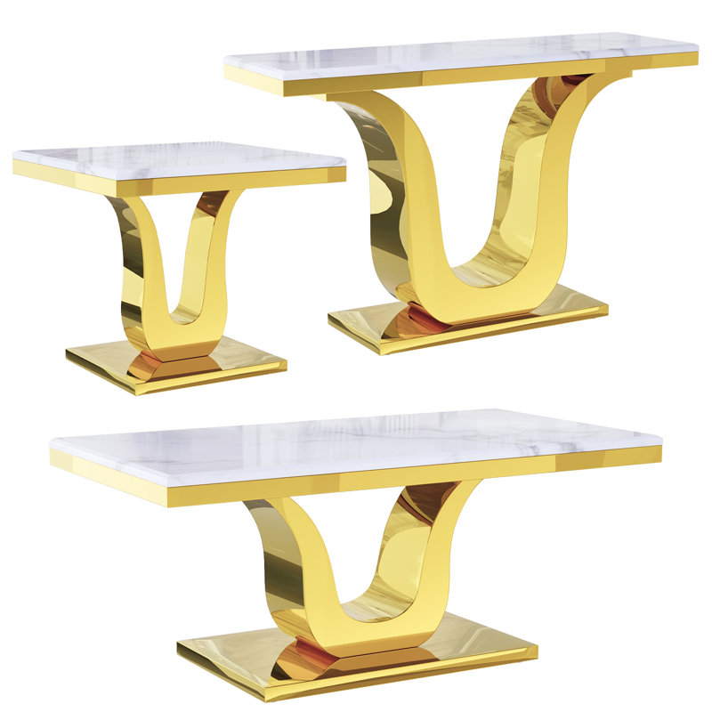 Ensemble de 3 tables de salon blanches de 3 pièces, Doré