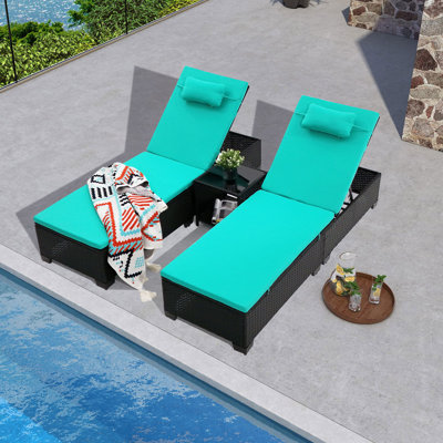 3 Pcs Patio Chaise Lounge with Coffee Table Cushion&Pillow Outdoor Lounge Chair Chaise Lounger Patio Reclining Chair 5 Angle Adjustment PE Rattan for by Latitude Run