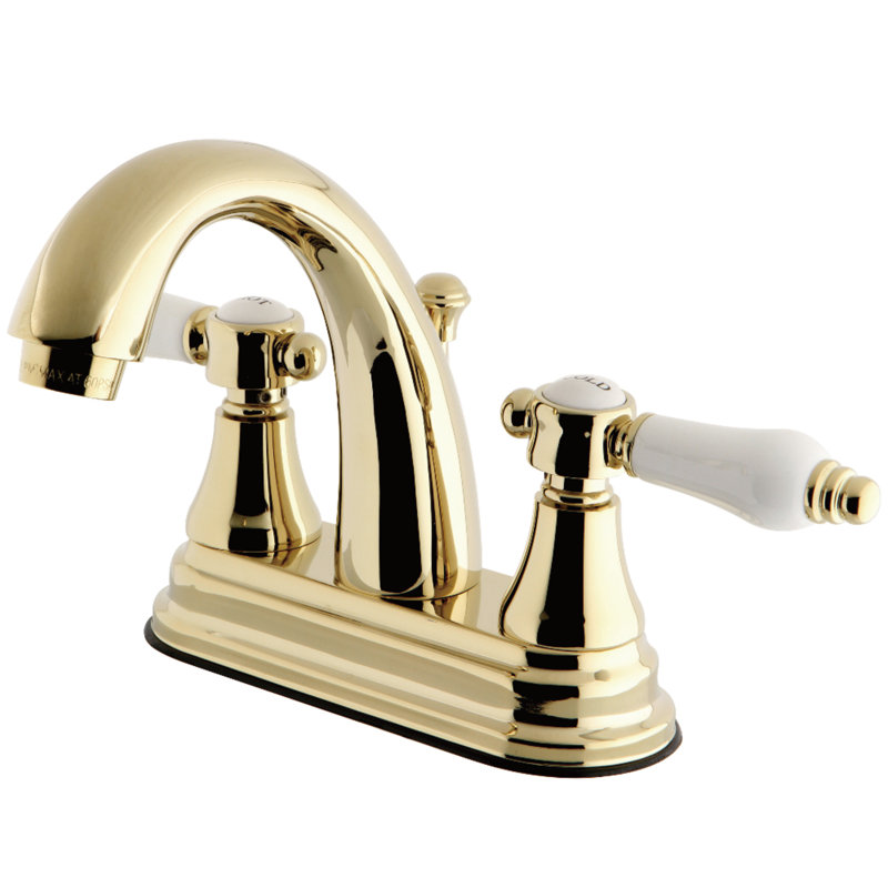 Kingston Brass Bel-Air Two-Handle 3-Hole Deck Mount 4" Centerset Bathroom Faucet with Brass Pop-Up, Polished Brass/White