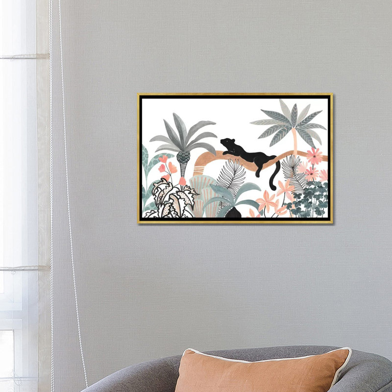 Jaguar in the Jungle Art, 18" H x 26" W x 1.5" D, Gold Framed Canvas