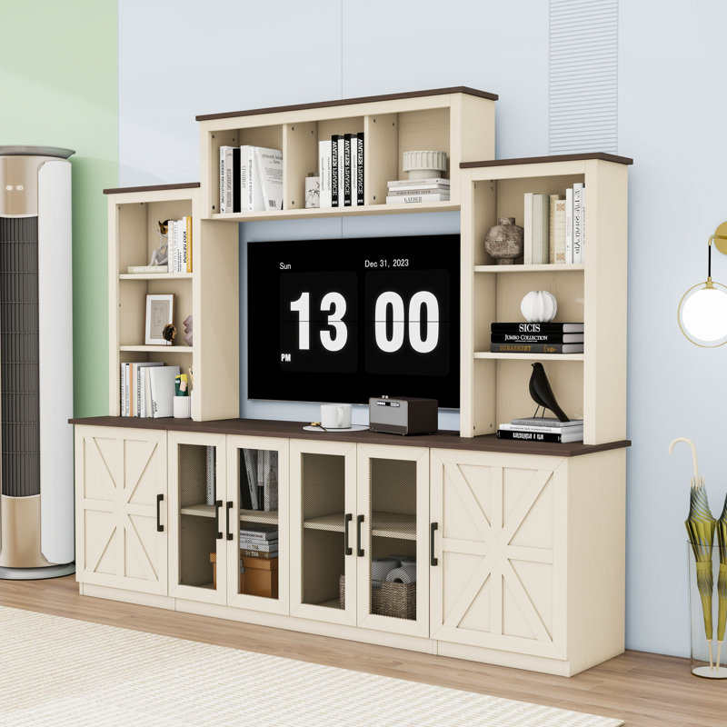 Modern Entertainment Center with Ample Storage, Built-In Charging Stations and Cable Management, Beige/Walnut