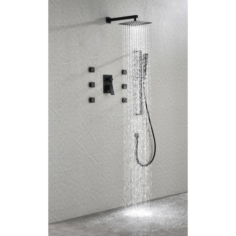 Structure de douche noir mat avec 6 jets pour le corps et douche à main, douchette pour appareil mural