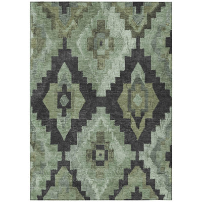 Tapis intérieur/extérieur lavable, vert artichaut et anthracite, motif aztèque, 152 x 244 cm