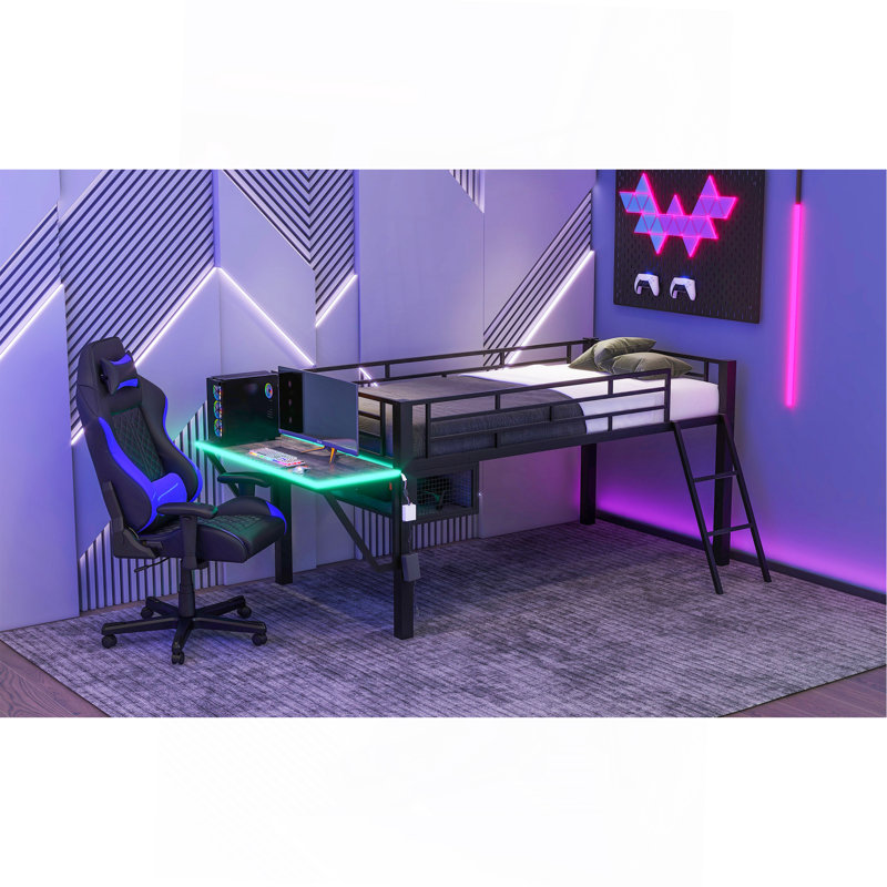 Lit mezzanine avec bureau Gaming, DEL, simple, noir