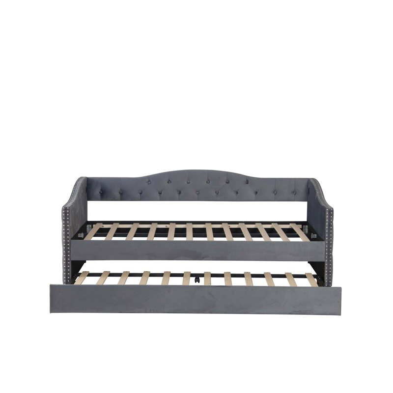 Twin Size Upholstered Daybed With Trundle And USB Charging Design, Sturdy Wood Slat Support, Wood Bed Frame,Plush Velvet Fabric