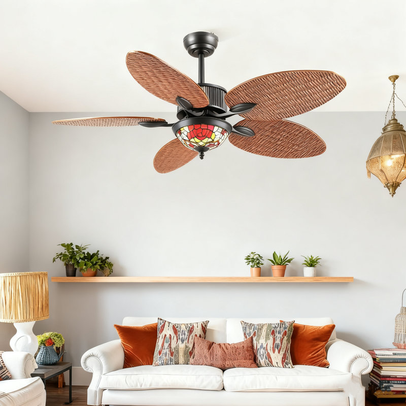 50“ 5-blede Tiffany Tropical Palm Leaf Ceiling Fans With Lights And Remote,Wet Rated Tropical Waterproof Outdoor Ceiling Fans For Patios Porch Gazebo Pergola
