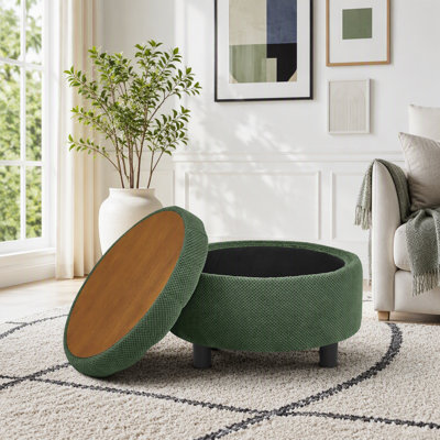 Round Storage Ottoman with Wooden Tray and Textured Fabric