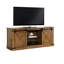 Base de console de style rustique avec portes coulissantes décoratives en métal et plusieurs tablettes de rangement ouvertes aux portes en X
