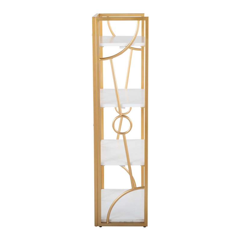 White Wood and Gold Metal Geometric 4-Tier Bookcase