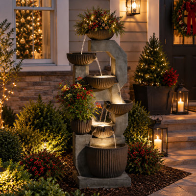 Fontaine à cascade extérieure rustique à 6 niveaux avec lumières DEL et jardinière, 57 po de hauteur en résine d'aspect béton pour décoration de patio de jardin