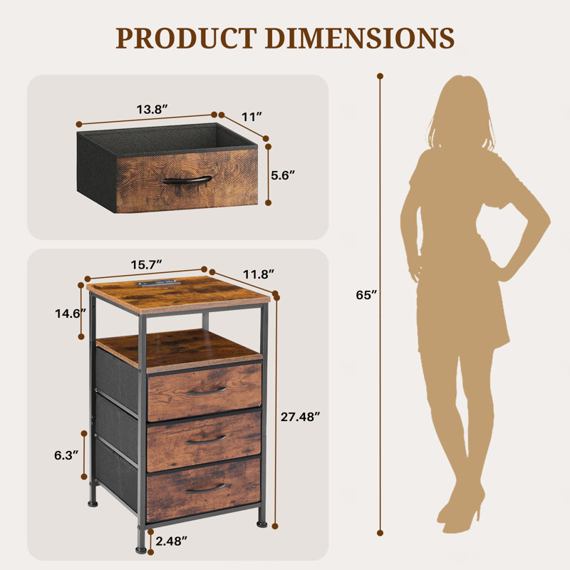 Nightstand With Charging Station, Bedside Table With USB Ports, AC Outlets & Fabric Drawers, Modern End Table With Open Storage Shlef For Bedroom, Living Room, Apartment