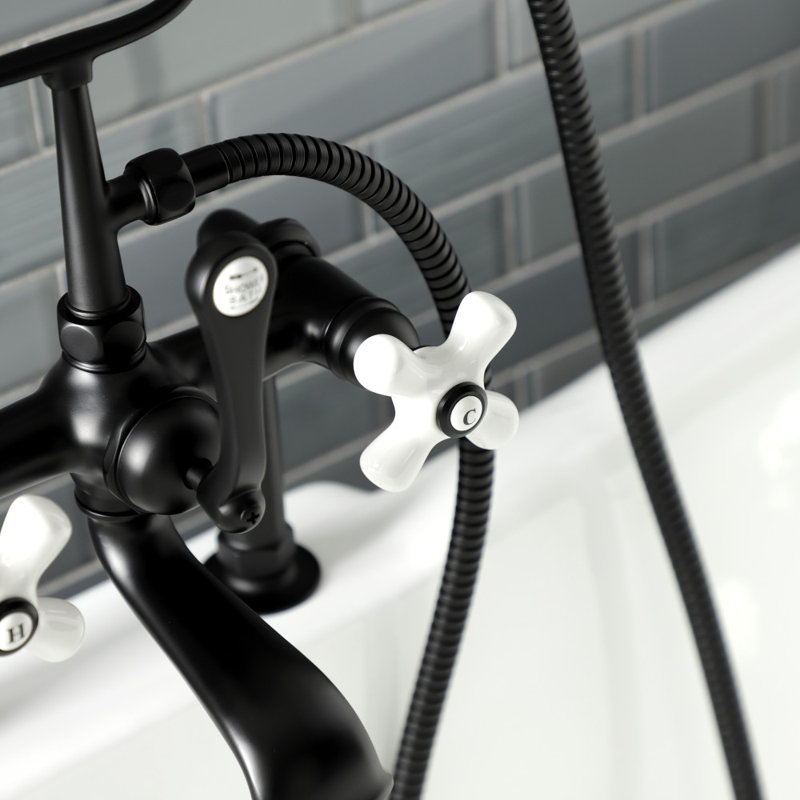 Kingston Brass Aqua Vintage Three-Handle 2-Hole Deck Mount Clawfoot Tub Faucet with Hand Shower, Matte Black