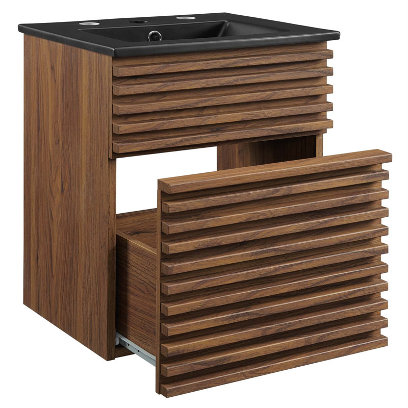 Render 18" Walnut Black Wall-Mount Bathroom Vanity with Ceramic Sink