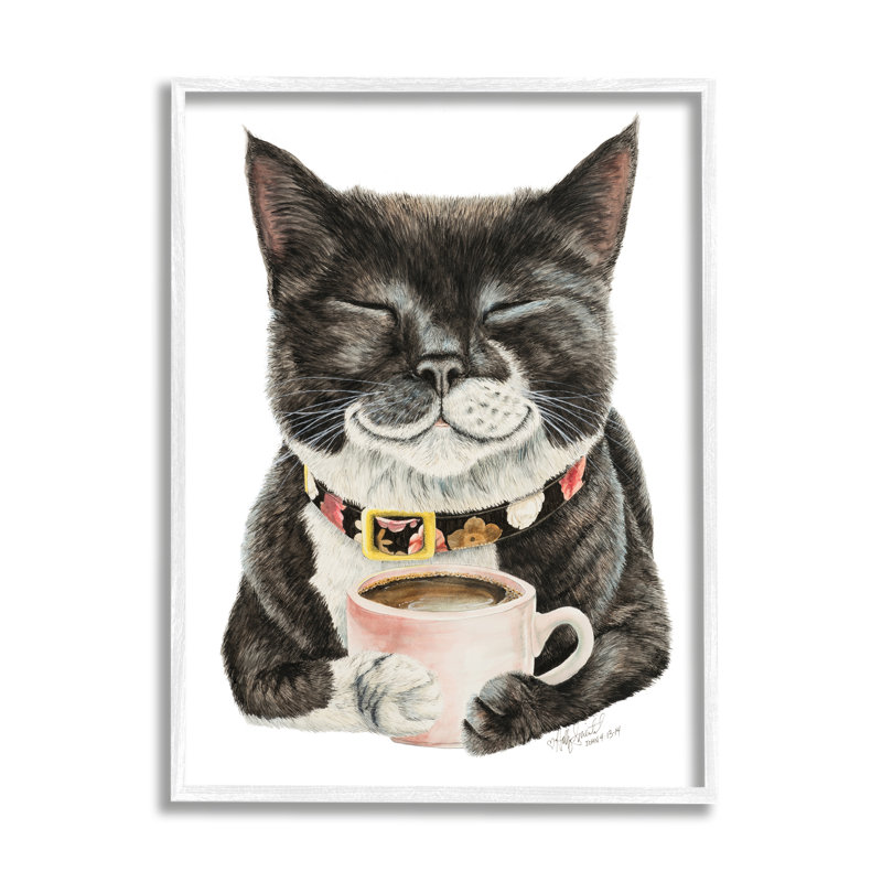 Chat souriant et tasse à café encadrée sur bois, impression, H 14 po x l 11 po x P 1,5 po, Giclée encadrée blanc bord de mer