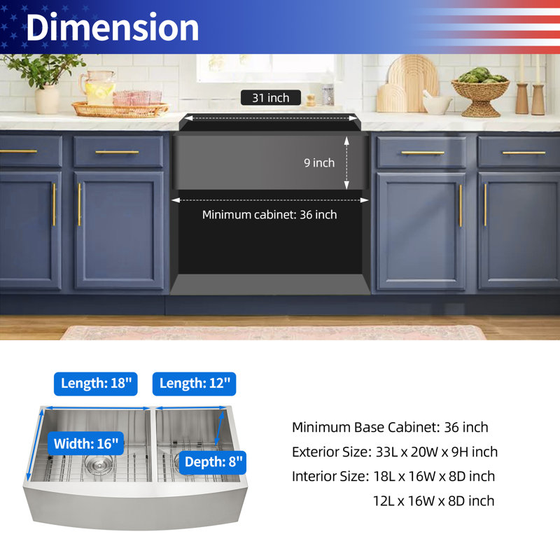 33'' L Farmhouse / Apron Double Bowl Stainless Steel Kitchen Sink