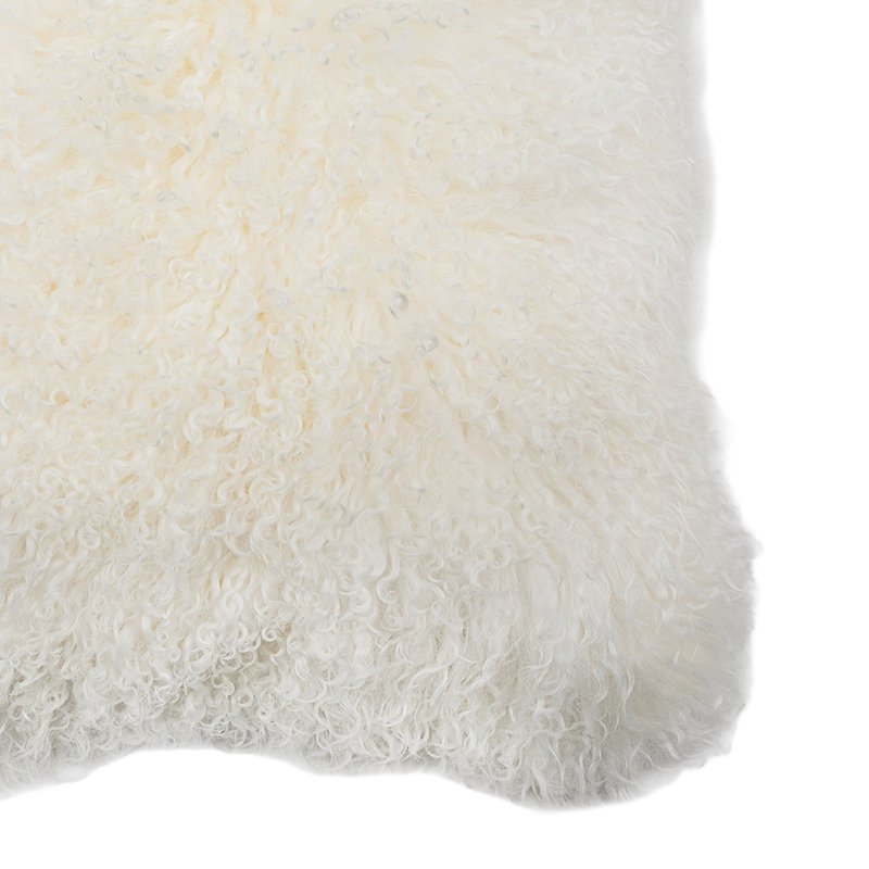 Curla Ivory Authentic Mongolian Wool Curly Fur Throw Pillow with Insert, 18"H x 18"W, Ivory
