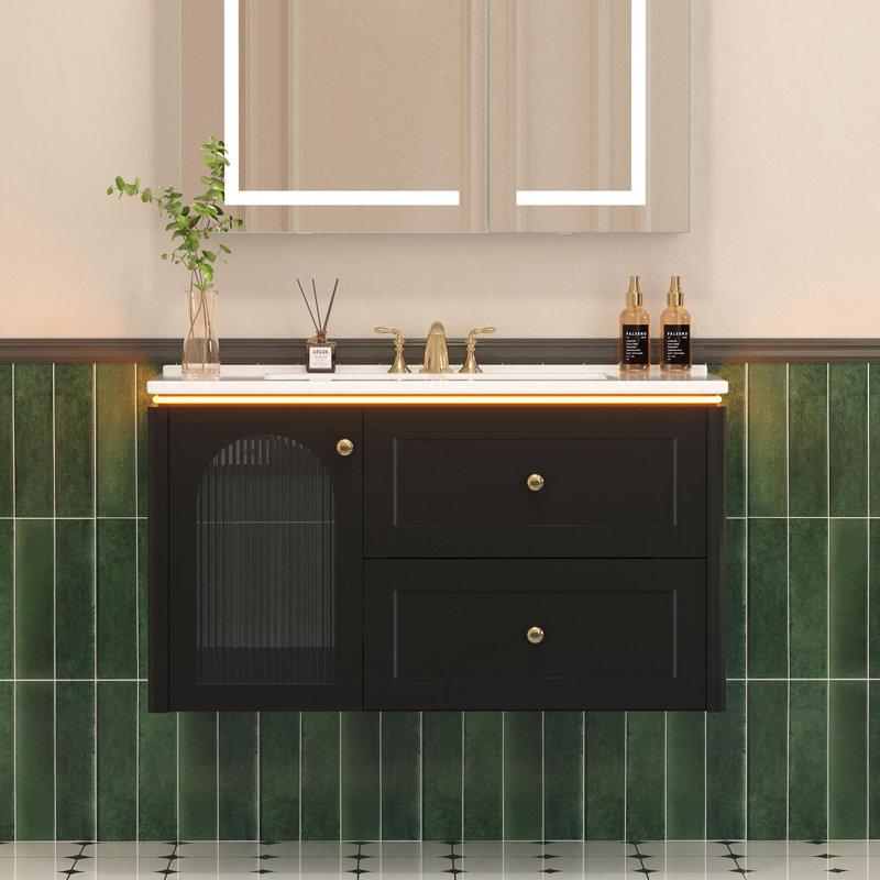 36＂Single Floating Bathroom Vanity With Sink, Wall Mounted Vainty With Motion-Sensor Led Night Light, Black