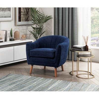 Chaise d'appoint Mid-Century moderne en chenille bleue, tissu d'ameublement en chenille bleue, pieds en brun et pieds en bois massif