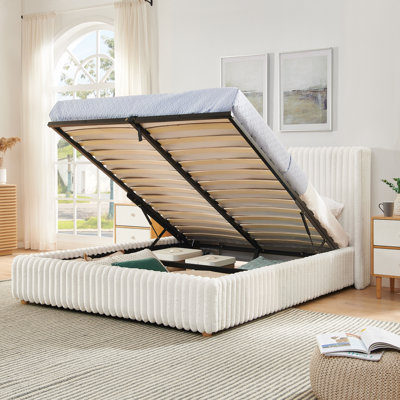 Queen Functional Vertical Striped  Bed with Gas Lift Storage, Luxury Fluffy Rabbit Fur Fabric Up-holstered Double Bed