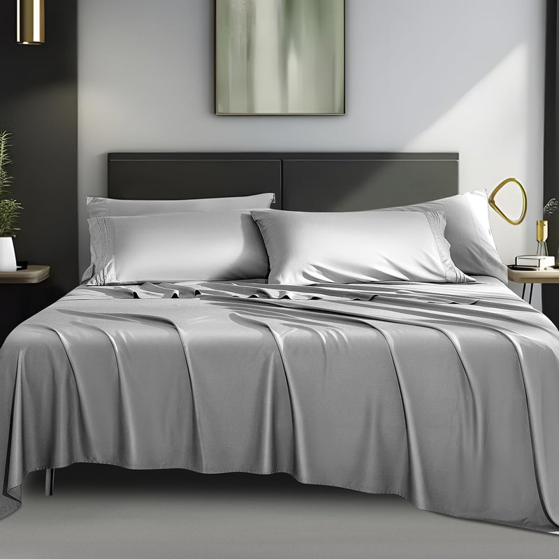 6 Pieces Bamboo Cooling Bed Sheets Set - 16" Deep Pockets, King Sheet Set + 1 Fitted Sheet + 4 Pillowcases, Gray