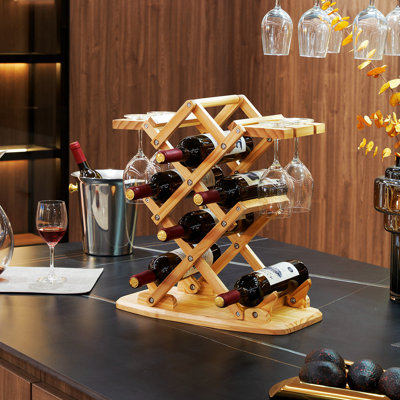 6 - Bottle Solid Wood Wine Bottle & Glass Rack