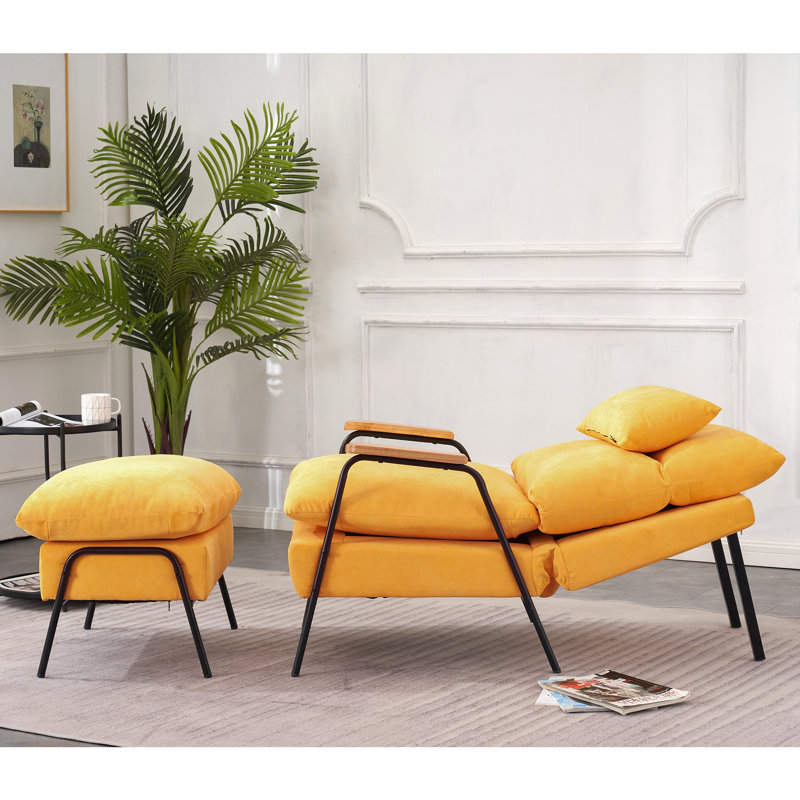 Modern Accent Recliner with Ottoman, Linen Fabric Armchair with Adjustable Backrest and Pillow, Yellow