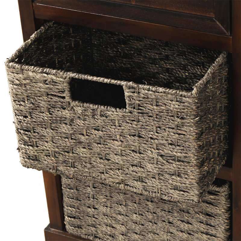 Armoire de rangement rustique avec deux tiroirs et quatre paniers en rotin pour un décor campagnard moderne et un rangement maximal
