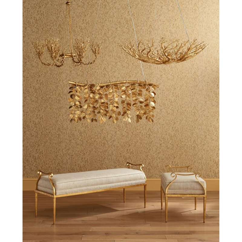 Organic Light Pendant Golden Eucalyptus Rectangular Chandelier, Burnished Nickel, 42" Width x 13" Depth x 23" Height