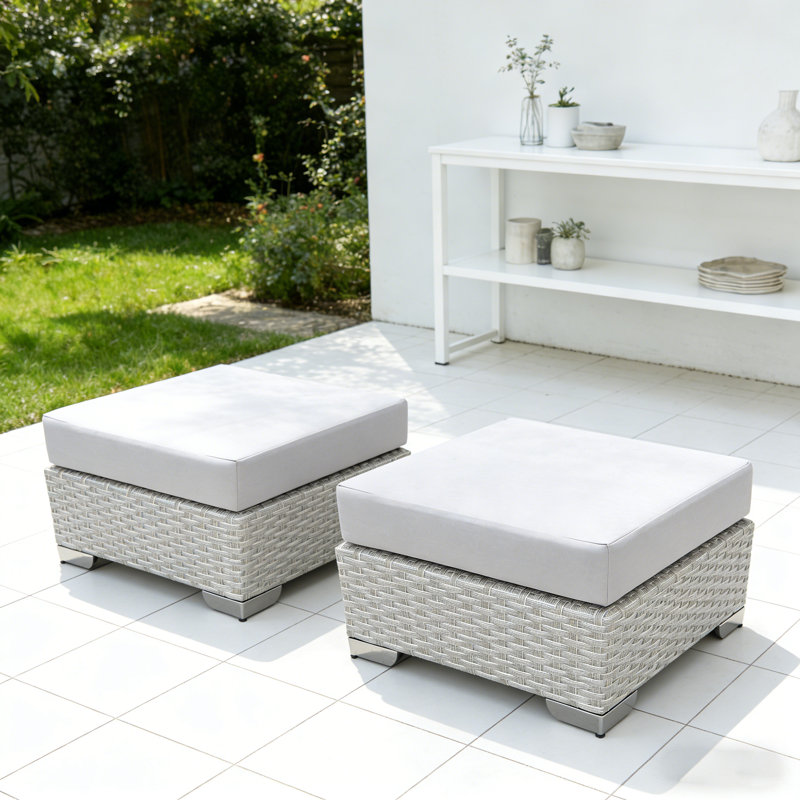 Set of 2 Outdoor Wicker Patio Ottomans with Cushions, 300 LBS Multi-Purpose Footrest Stool, Weather-Resistant Accent Seat with Removable Cushion for Backyard, Porch, Deck, Gray