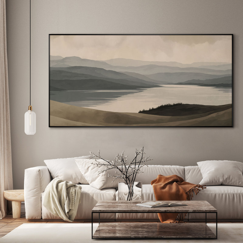 Très grande reproduction d'art sur toile - Lac neutre minimaliste et décor de paysage de montagnes ondulées pour le salon ou la chambre à coucher - «Assemblage requis du cadre (cadre non fini)»
