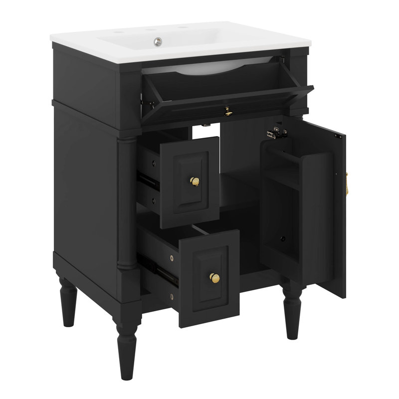 Ensemble de meuble-lavabo 24 po avec lavabo en céramique, ensemble de meuble-lavabo autoportant avec tiroir rabattable, 2 tiroirs et tablette réglable