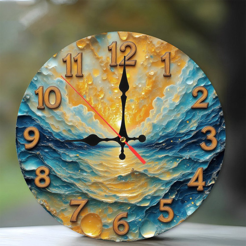 Horloge avec coucher de soleil et paysage marin