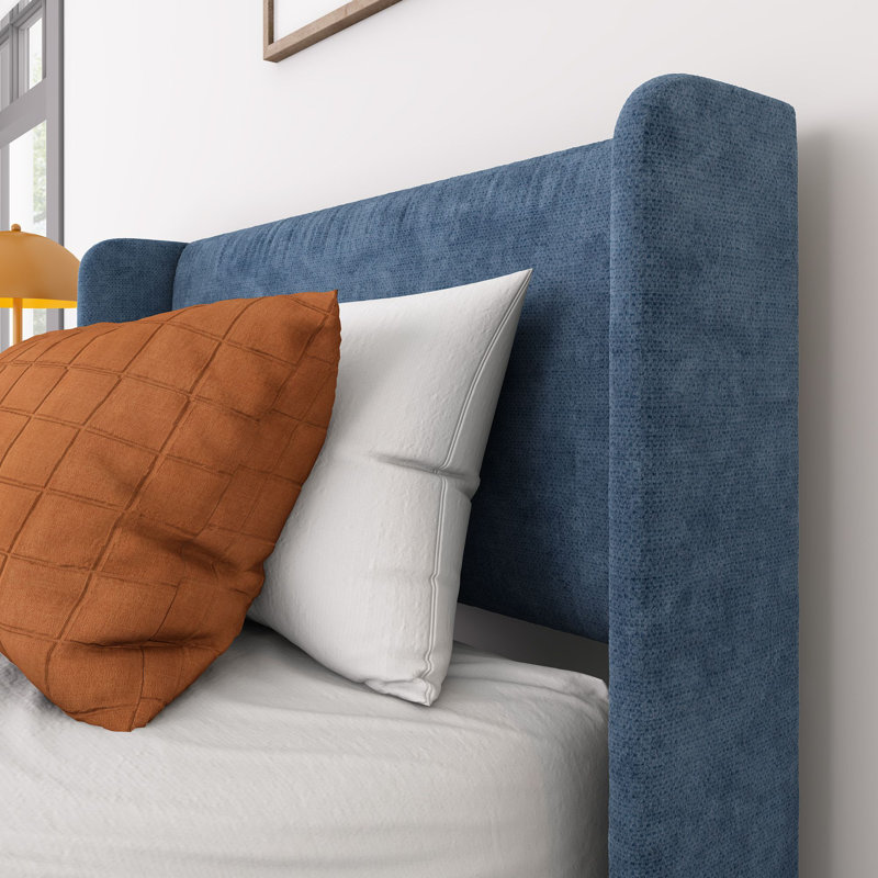 Solid Wood Upholstered Panel Bed with Rectangular Headboard, Blue, Twin