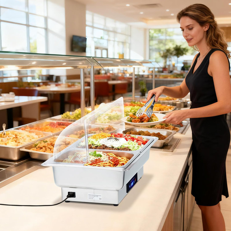 Electric Chafing Dish Buffet Set, 9 QT Stainless Steel Food Warmer with Temperature Control & Transparent Roll Top Lid, Catering Server for Parties, Banquets, Buffets, Keeping Food Warm & Fresh
